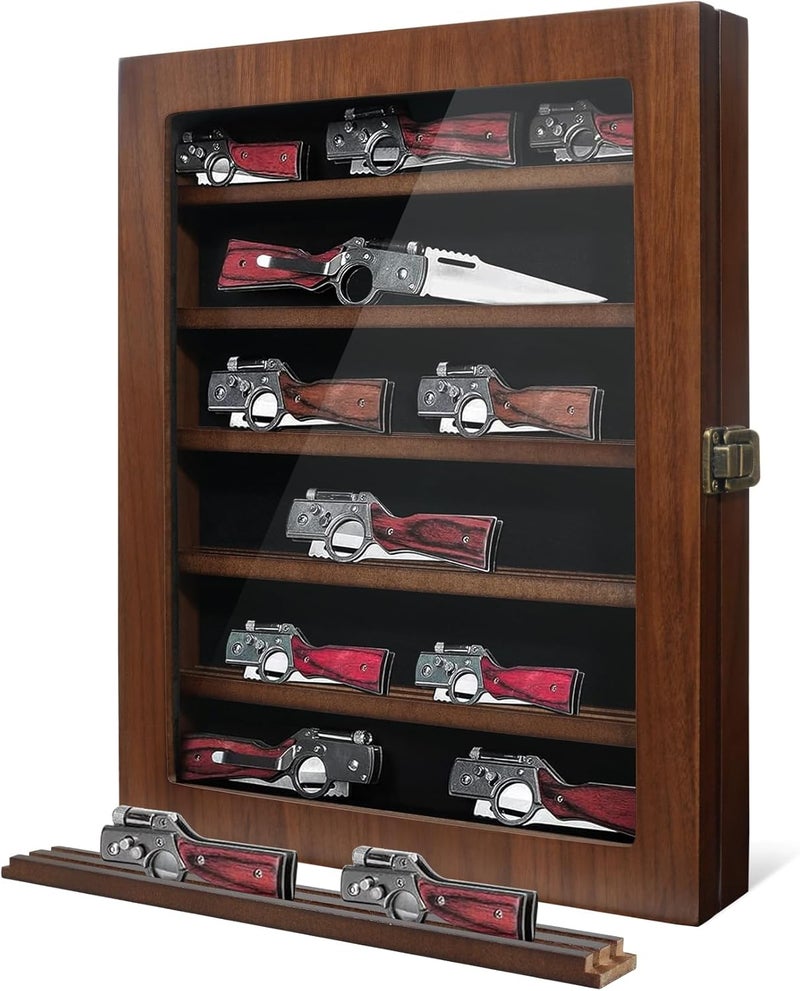 ASmileIndeep Pocket Knife Display Case 6 Row Military Knife Stand with HD Tempered Glass, Army Knife Box for Wall or Desk Display, Walnut - Image 1